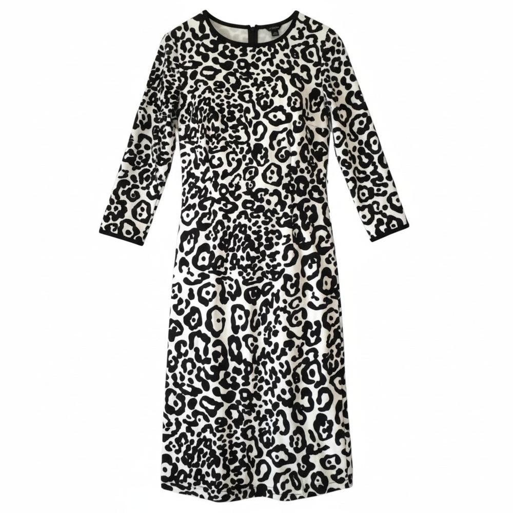 Ann Taylor Size 0 Black White Leopard Print Sheath‎ Dress Long Sleeve Zip Cuff